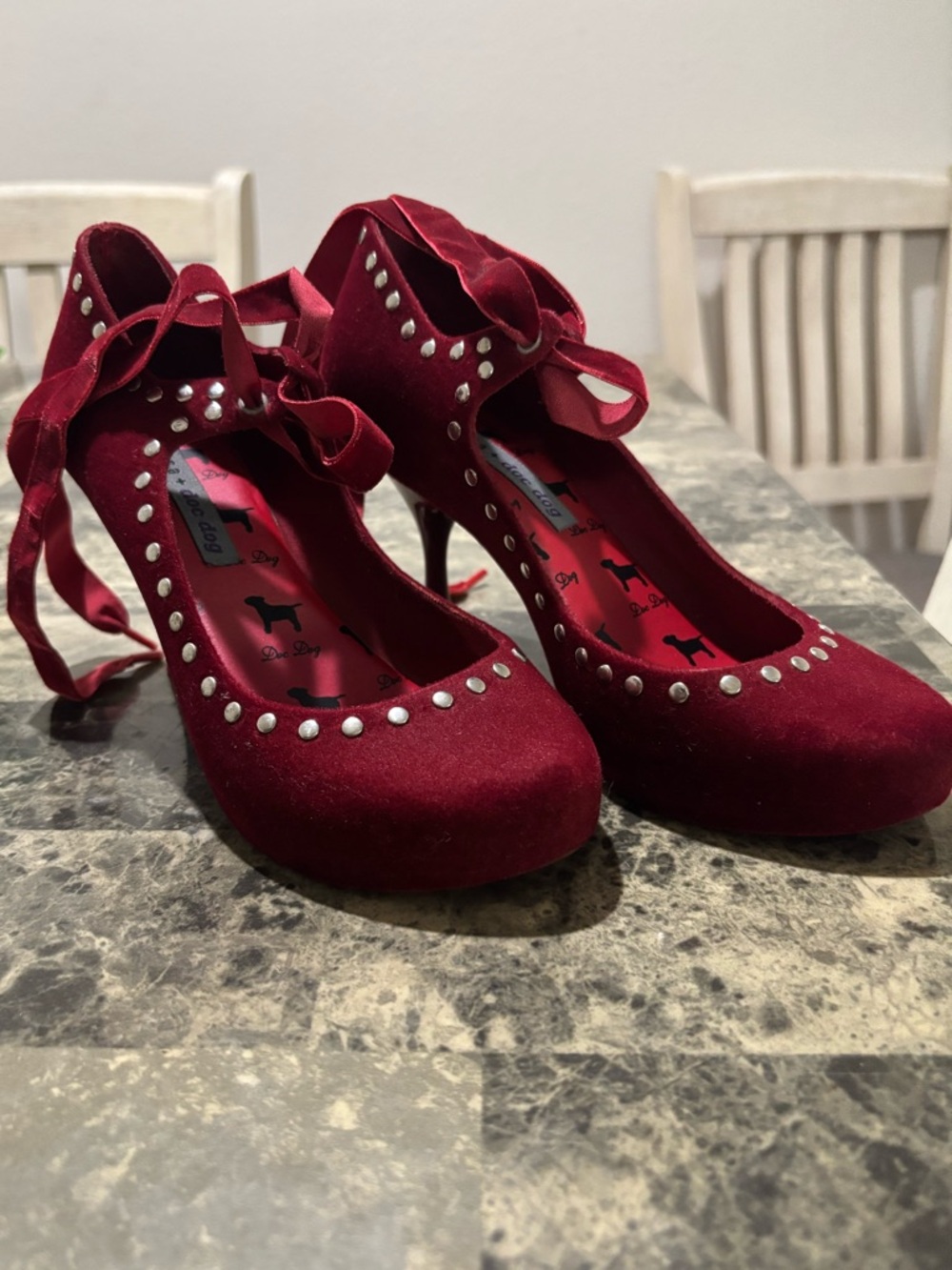 Red Velvet Lace-Up Studded High Heels